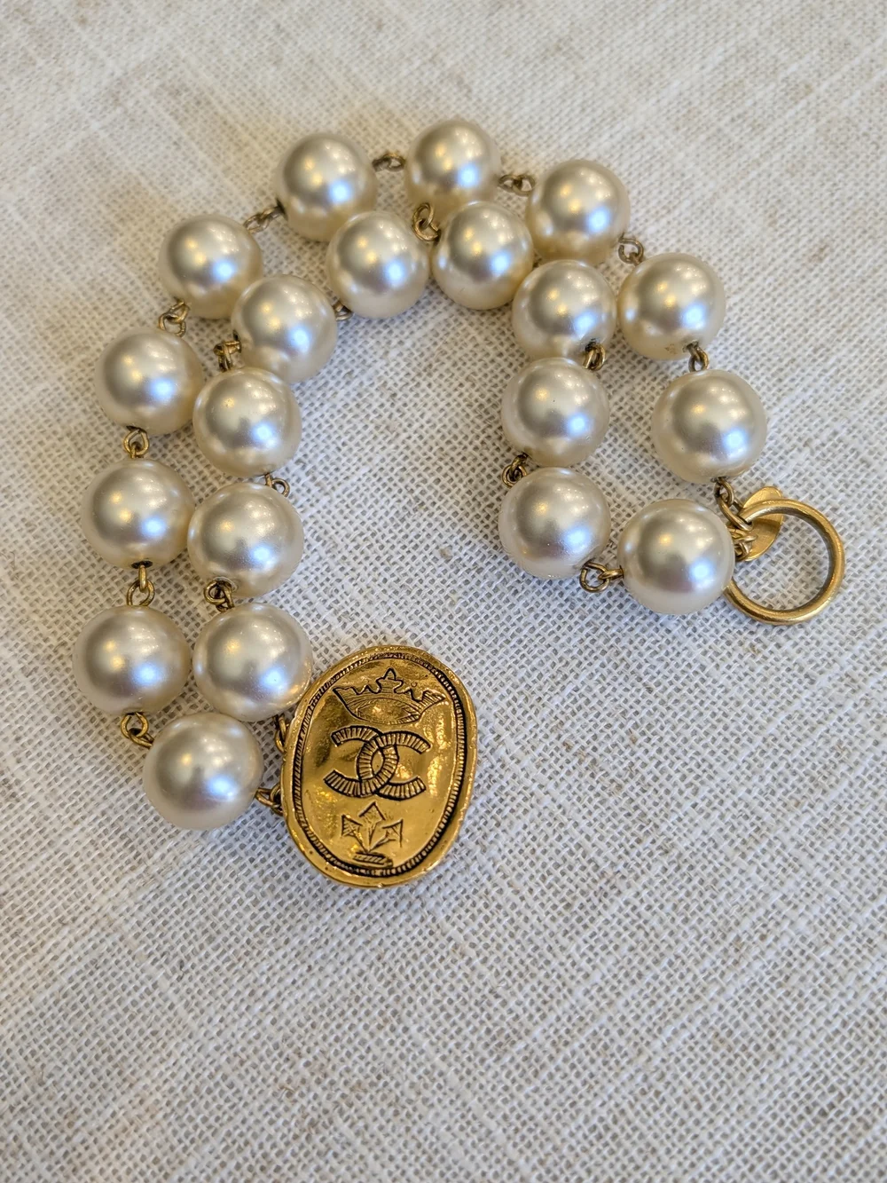 Chanel Vintage Coco Crown Double Strand Pearl Bracelet